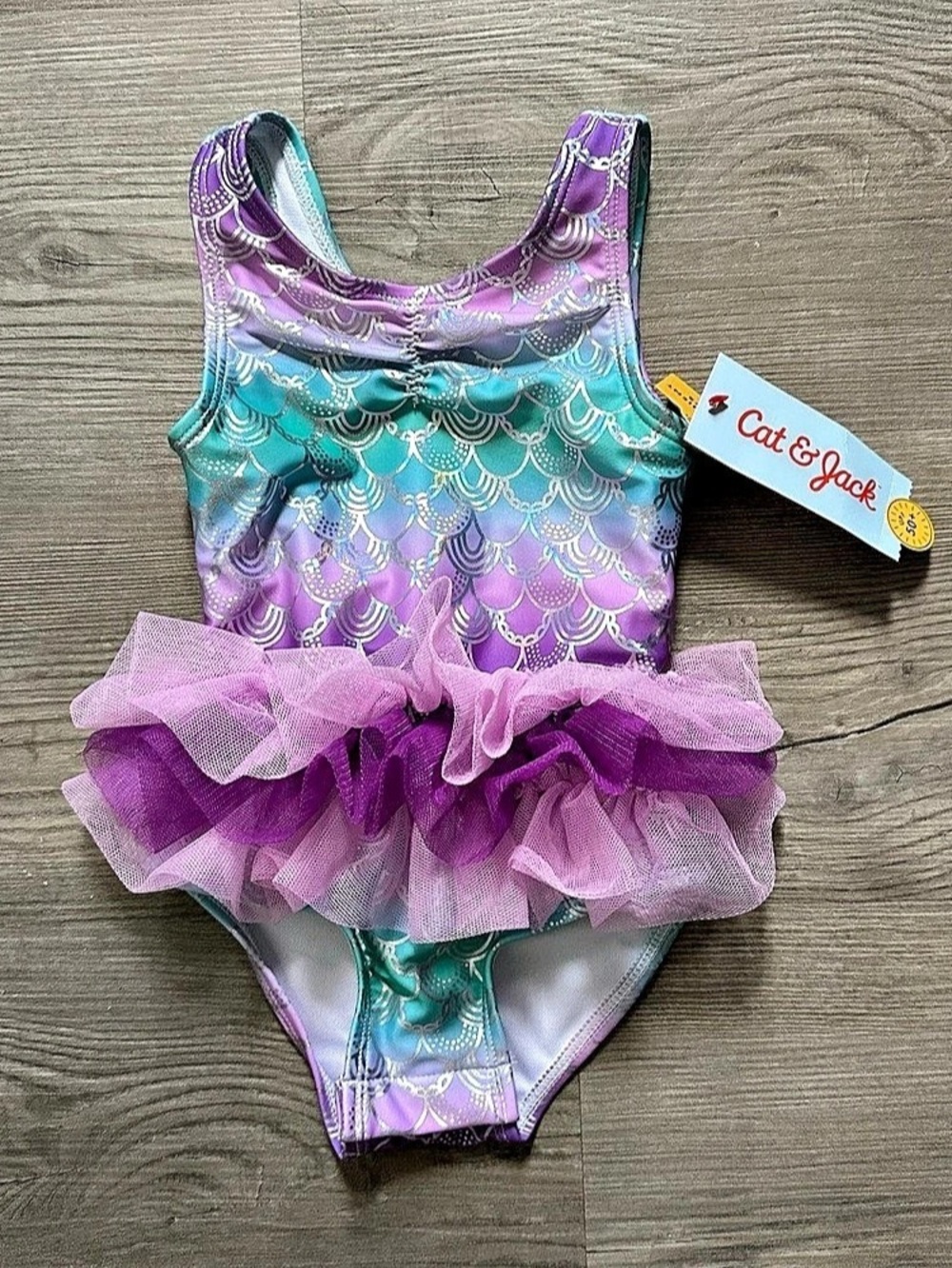 Cat & Jack Mermaid Scale Tutu One-Piece Swimsuit Purple & Green 18M